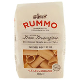 Rummo Paccheri Rigati Pasta No.150, 500g, made from premium semolina, features traditional Italian branding in red and black on a cream background, ideal for hearty dishes.